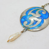 Art Nouveau Sterling Silver, Enamel & Pearl Lavalier Drop Pendant Antique