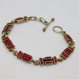 Sterling Silver Mexican Red Agate Brick Form Linked T-Bar Bracelet Modern c1990