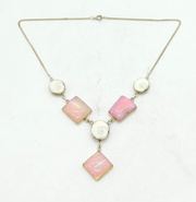 Sterling Silver, Pink Quartz & Shell Set Dress Necklace Vintage c1980