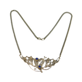 Sterling Silver Lapis Lazuli Heart & Floral Filigree Curb Necklace Modern c1990