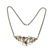 Sterling Silver Lapis Lazuli Heart & Floral Filigree Curb Necklace Modern c1990