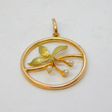 Edwardian 9ct Yellow Gold & Seed Pearl Floral Drop Pendant Antique c1910s