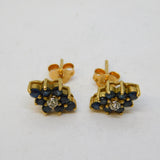 9ct Yellow Gold, Sapphire & Diamond Floral Cluster Stud Earrings Vintage