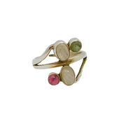 Sterling Silver Cabochon Moonstone & Tourmaline Ring Vintage c1970 Size O 1/2