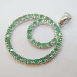 Sterling Silver & Natural Emerald Circular Drop Pendant Vintage c1970
