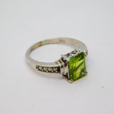 Sterling Silver Emerald Cut Peridot & Diamond Ring Vintage c1970 Size N 1/2
