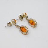 Pair of Sterling Silver Baltic Amber Oval & Round Stud Earrings Vintage c1970