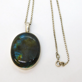 Sterling Silver & Large Labradorite Drop Pendant Necklace Vintage c1970s