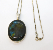 Sterling Silver & Large Labradorite Drop Pendant Necklace Vintage c1970s