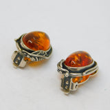 Pair of Sterling Silver Oval Baltic Amber Clip-On Earrings Vintage c1970