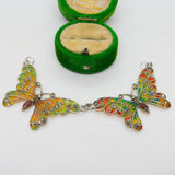 Sterling Silver Plique-à-Jour Enamel Double Butterfly Pendant Vintage c1980