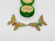 Sterling Silver Plique-à-Jour Enamel Double Butterfly Pendant Vintage c1980
