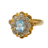 20th Century 18ct Yellow Gold, Blue Zircon & Diamond Floral Cluster Ring Antique