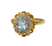 20th Century 18ct Yellow Gold, Blue Zircon & Diamond Floral Cluster Ring Antique
