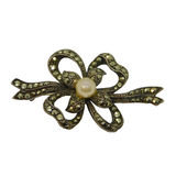 Sterling Silver Pearl & Marcasite Bow Form Art Deco Brooch Pin Antique c1930