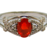 Sterling Silver Oval Fire Opal & Diamond Dress Ring Vintage c1970 Size O