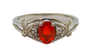 Sterling Silver Oval Fire Opal & Diamond Dress Ring Vintage c1970 Size O