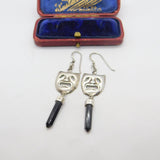 Sterling Silver Theatrical Muse Mask Onyx Drop Earrings Vintage c1970