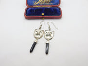 Sterling Silver Theatrical Muse Mask Onyx Drop Earrings Vintage c1970