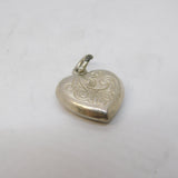 Sterling Silver Floral Pattern Heart Charm Pendant Vintage c1970
