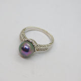 Sterling Silver Peacock Glass Pearl & CZ Cocktail Ring Vintage c1990 Size R 1/2