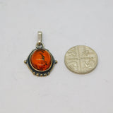 Sterling Silver Baltic Amber Oval Oxidised Charm Or Pendant Vintage c1970s