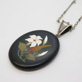 19th Century Sterling Silver Pietra Dura Lily Flower Pendant Necklace Antique