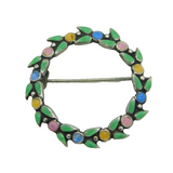 Sterling Silver & Colourful Enamel Floral Pattern Wreath Brooch Antique