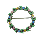Sterling Silver & Colourful Enamel Floral Pattern Wreath Brooch Antique