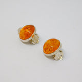 Pair of Sterling Silver Baltic Amber Cabochon Clip On Earrings Vintage c1970