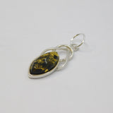 Sterling Silver Green Baltic Amber Ellipse Drop Pendant Vintage c1970