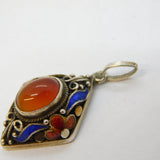20th Century Chinese Export Sterling Silver, Carnelian & Enamel Drop Pendant