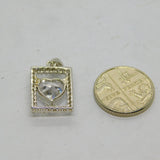 Sterling Silver CZ Rectangle Framed Heart Drop Charm Pendant Modern c2000s