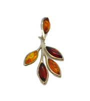 Sterling Silver Multi Baltic Amber Leaf Form Pendant Vintage c1970