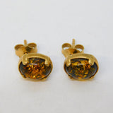 9ct Yellow Gold & Baltic Amber Stud Earrings Vintage c1970s