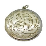Sterling Silver Floral Pattern Round Locket Keepsake Charm Pendant Vintage c1970