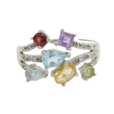 9ct White Gold, Diamond, Aquamarine, Garnet & Topaz Dress Ring Vintage Sheffield