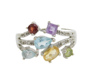 9ct White Gold, Diamond, Aquamarine, Garnet & Topaz Dress Ring Vintage Sheffield