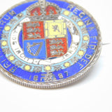 Victorian Sterling Silver Enamel Jubilee Half Crown Coin Brooch Antique 1887