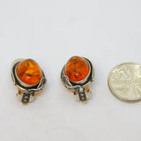 Pair of Sterling Silver Oval Baltic Amber Clip-On Earrings Vintage c1970