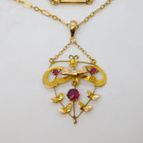 Edwardian 9ct Yellow Gold & Pink Paste Lavalier Pendant Necklace Antique c1910