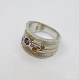 Sterling Silver Multi-Colour Gemstone Wide Band Ring Vintage c1990 Size Q 1/2