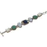 Sterling Silver, Pearl, Blue Lace Agate & Quartz Panel Bracelet Vintage c1980