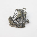 Sterling Silver Marcasite Set Viking Ship Brooch Antique c1930 Art Deco