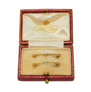 Victorian Boxed Pair of 10ct Yellow Gold & Pearl Tie Pins Antique c1880s