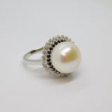 Sterling Silver Clear & Black CZ & Pearl Statement Ring Vintage c1970 Size Q