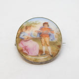 19th Century Sterling Silver Painted Porcelain Romance Scene Brooch Antique