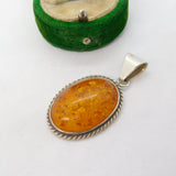 Sterling Silver Cabochon Baltic Amber Drop Pendant Vintage c1970
