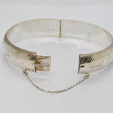 Sterling Silver Etched Floral Pattern Hinged Bangle Bracelet Vintage c1970's