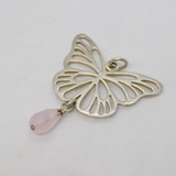 Sterling Silver Butterfly Rose Quartz Drop Pendant Vintage c1970